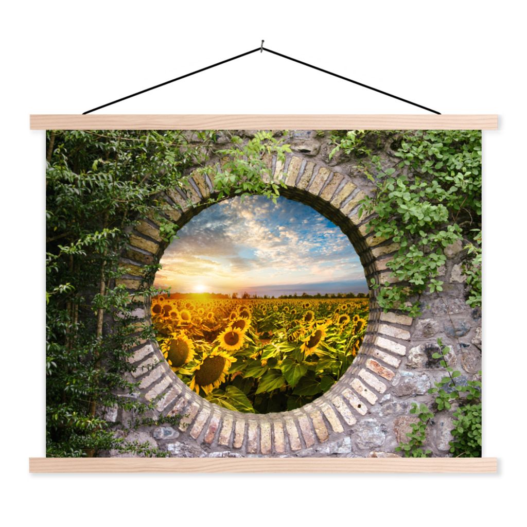 MuchoWow Textilposter Sonnenblumen - Ansicht - Blumen - Sonne 120x90 cm mit holzfarbenen Rahmen - Magnetisch