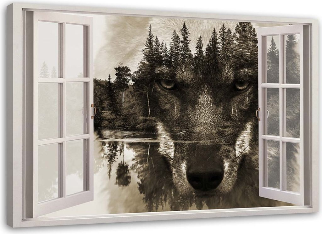 Leinwandbild wolf im fenster 90x60 cm Feeby braun wandbild bereit zum aufhängen