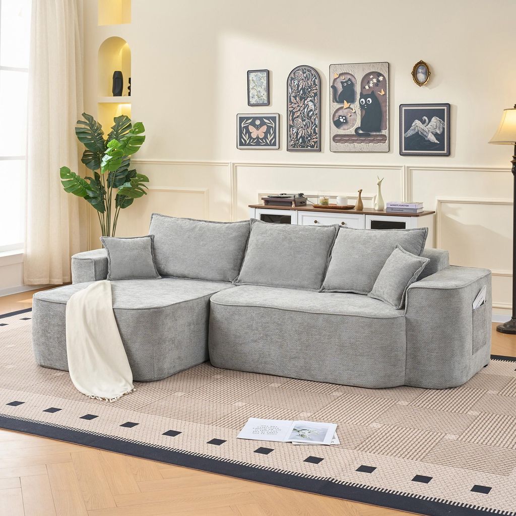 L-förmiges Ecksofa Modernes modulares Sofa 262cm, 3-4 Sitzer „Cloud Couch”,mit Liegefläche,XXL-Tiefsitz,keine Montage,Chenille,Hellgrau,für ...