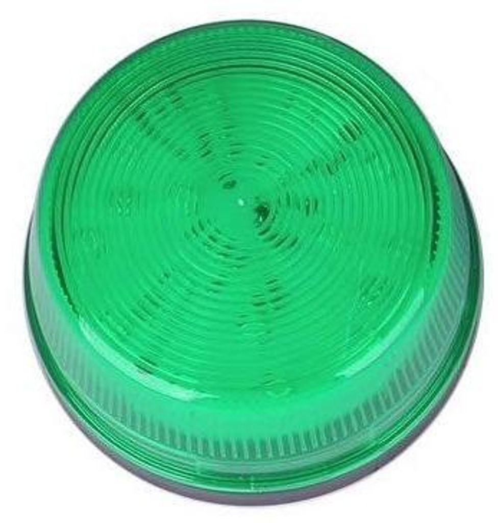 A green LED signal light with a ribbed surface.