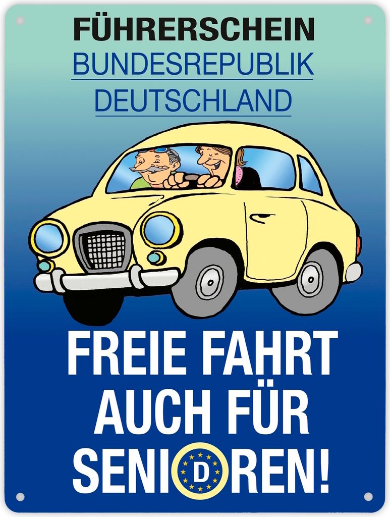 Freie Fahrt auch für Senioren Metallschild XL in 21x28 cm mit Oldtimer Motiv