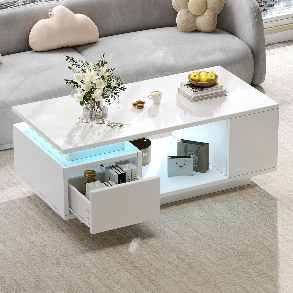Weißer Couchtisch mit LED-Beleuchtung & Schublade, hochglänzender Wohnzimmertisch mit 4 Ablagefächern & durchbrochenem Design, 100x50x36 cm