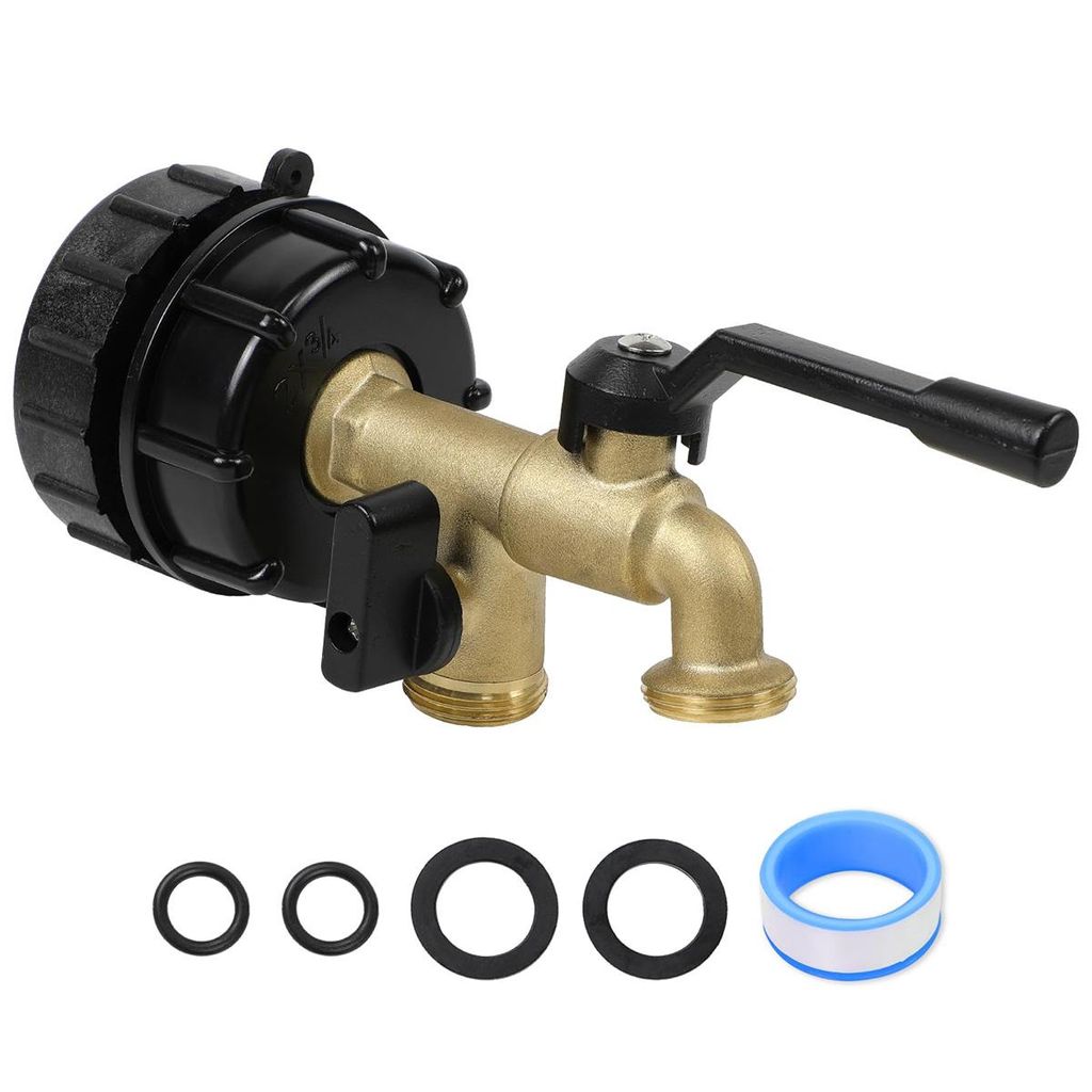 62 mm IBC Messing-Doppelauslaufhahn, Feingewinde Wasserhahn mit zwei Auslässen, kompatibel mit IBC Container S60x6, für IBC Tote Wassertank