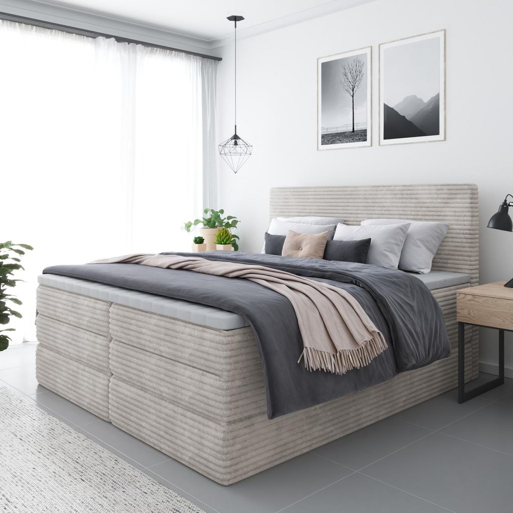 Bett, Boxspringbett ZENO PLUS mit 2-Matrazen und VISCO Topper, Doppelbett, Stauraum, Schlafzimmer, Polsterbett, 180x200 cm (Creme - Tilia 03)