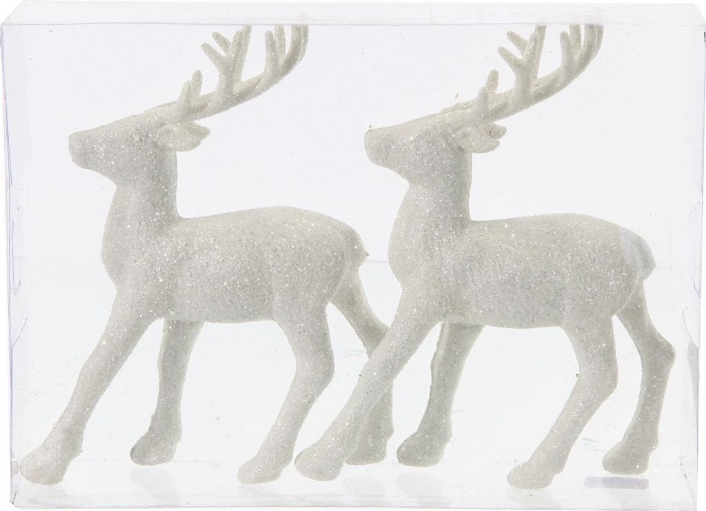 2 Stück Hirsch Figur weiß glitzer stehend 12 cm