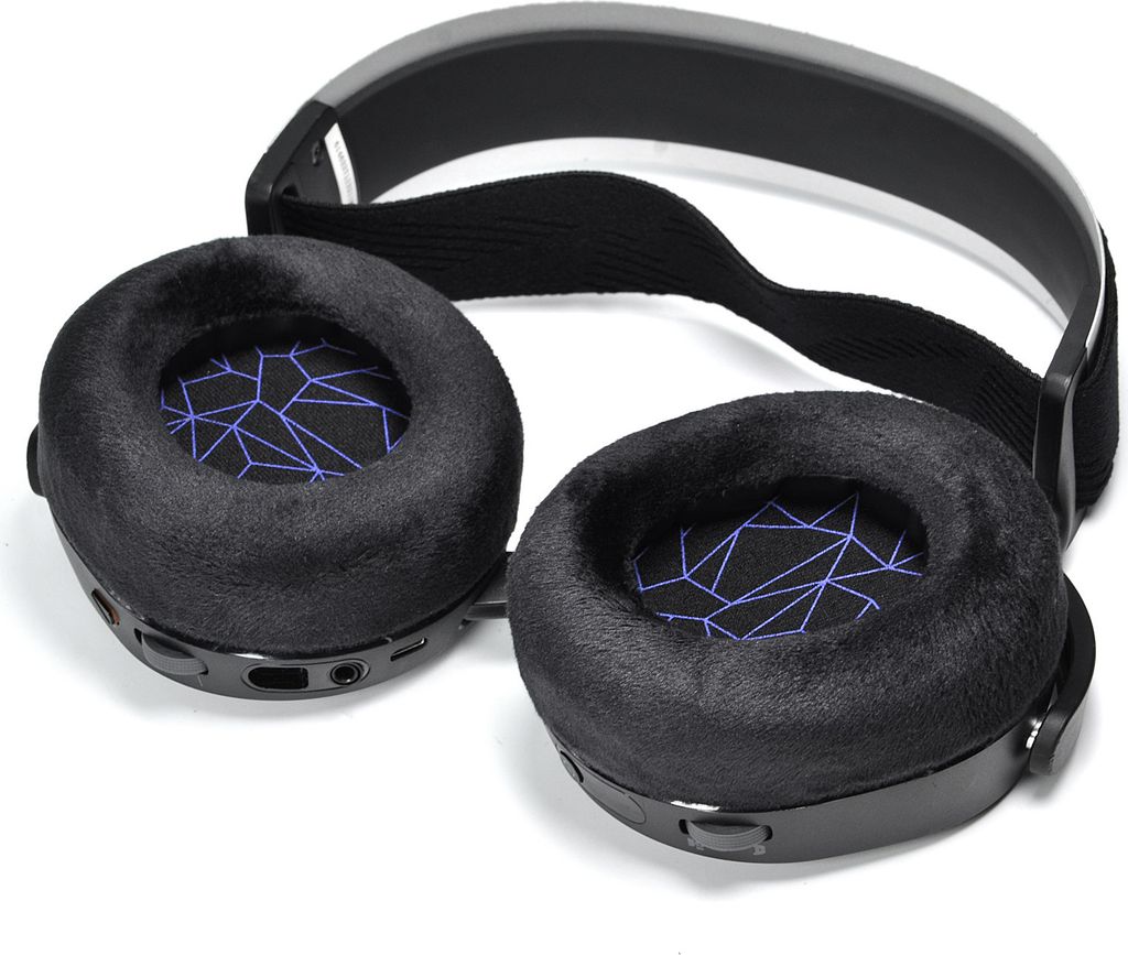 A close-up studio shot of a pair of black headphones with blue accents on a white background.