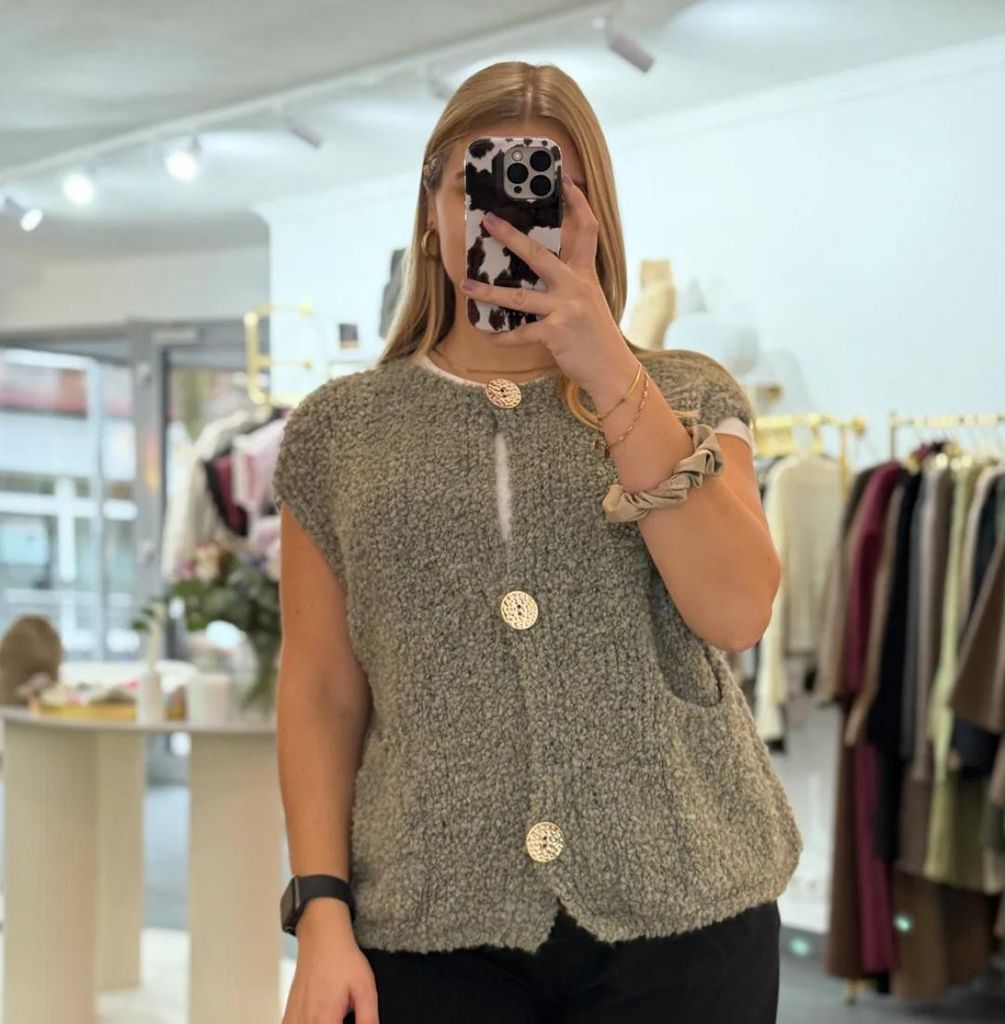 Weste Cosy Boucle Damen "Emma" Khaki mit goldenen Knöpfen, für Frauen Weste, Bodywärmer Westen Outdoor Jacke Frau, kurzarm Leichtweste, Bouclewe...