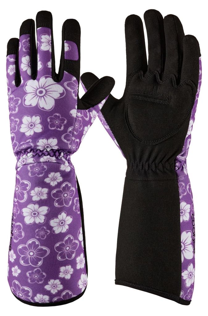 Damen-Gartenhandschuhe, dornen- und stichfest, Rosenmuster, aus Kunstleder mit langem Bündchen, violett (1 Paar, Größe L)
