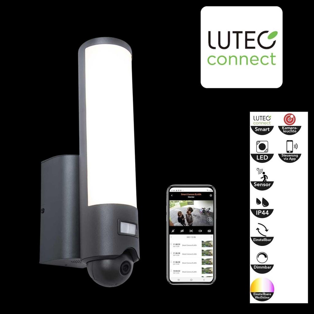 A wall-mounted outdoor light with an integrated camera and motion sensor, shown with a smartphone displaying the camera feed and a graphic detailing its features.