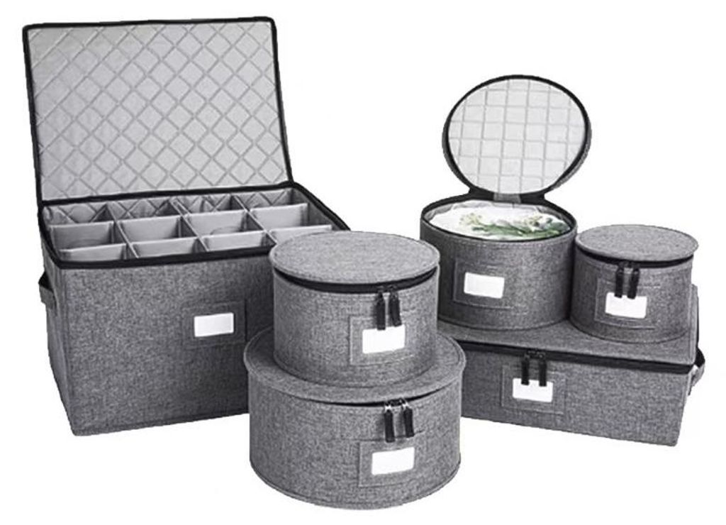 6er-Set Küchen Aufbewahrungsbox mit Deckel, faltbar, Stoff, Staubschutz, Rund, Geschirr-Organizer, Stapelbar, Baumwolle, Schrank, Wohnzimmer