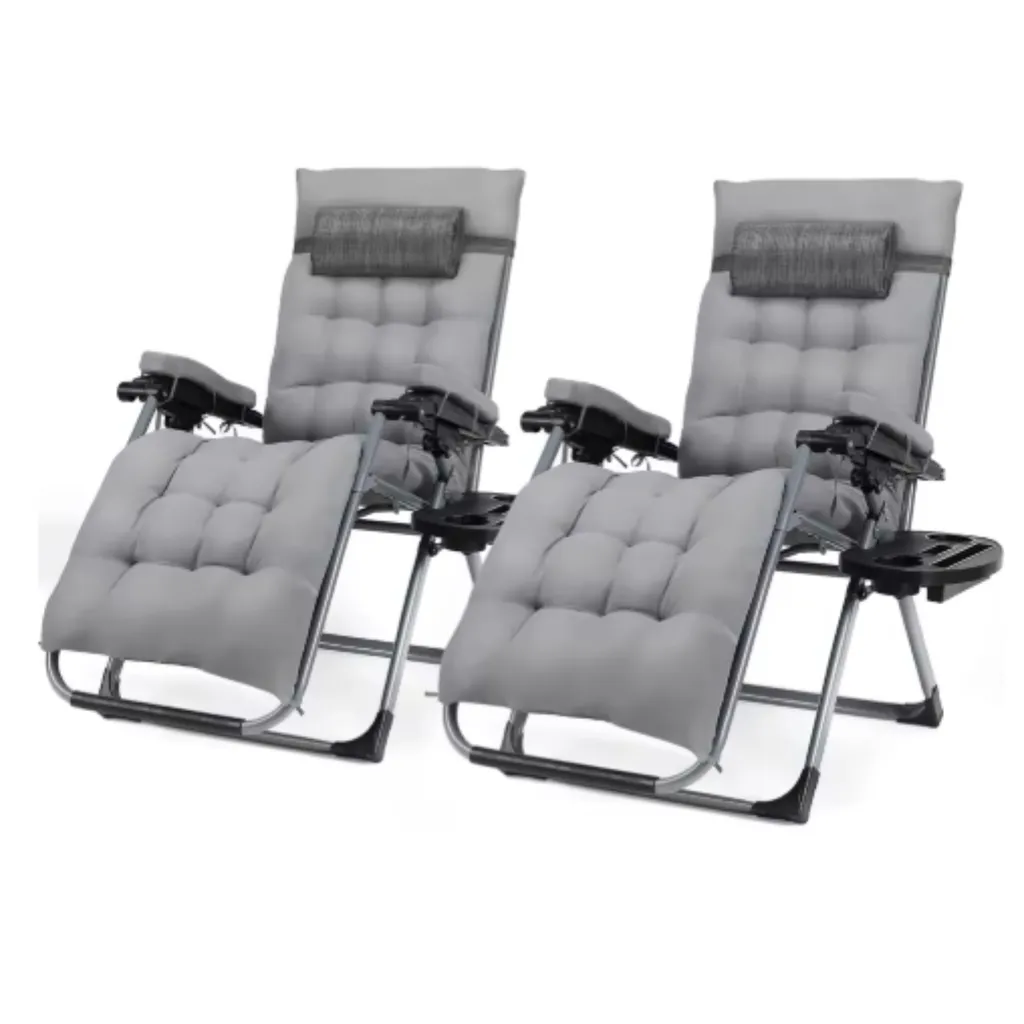 Bain de Soleil de Jardin Réglable avec Porte-gobelet et Coussin Gris - 2 pcs