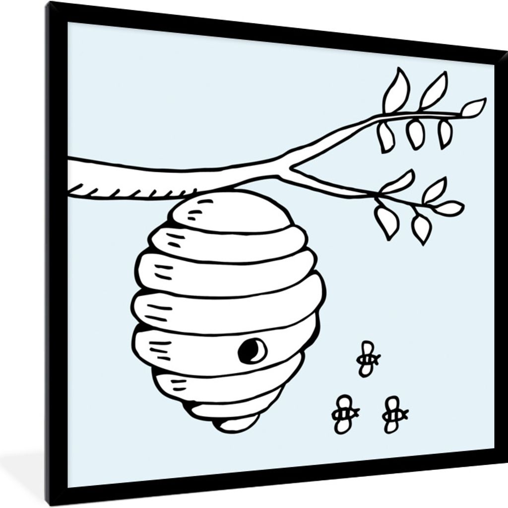 MuchoWow Gerahmtes Poster Cartoon-Illustration von Bienen und einem Bienenstock 40x40 cm - Poster mit Schwarzem Bilderrahmen Wandposter Rahmen Fo...