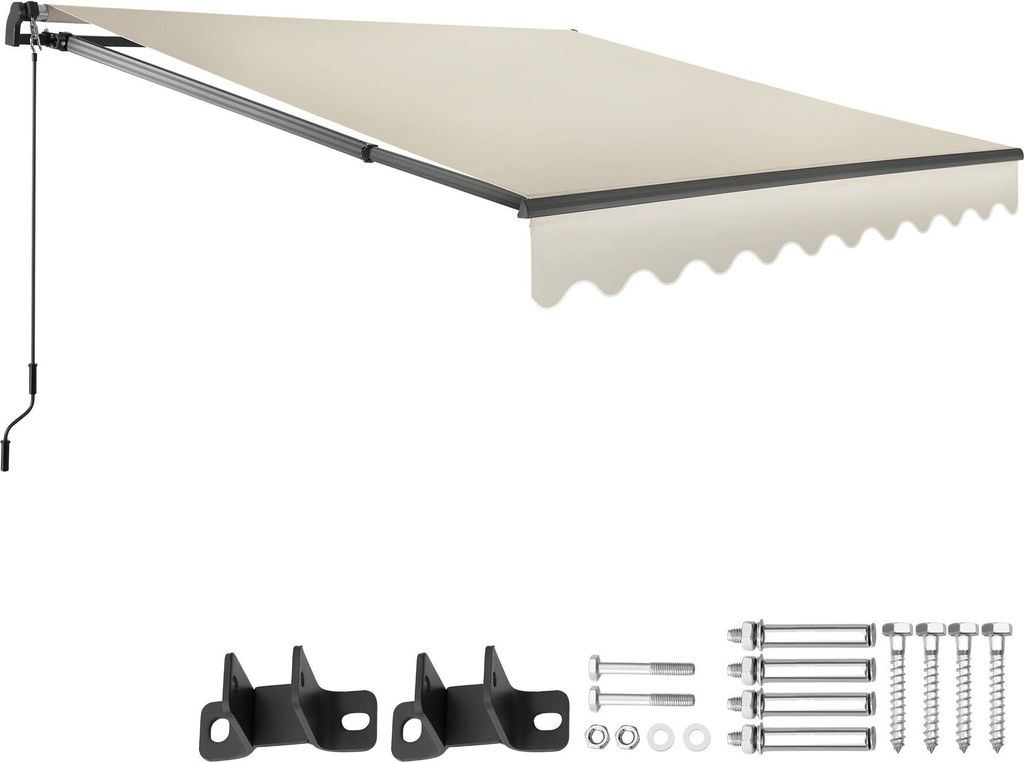 A retractable awning and its mounting hardware are displayed against a white background.