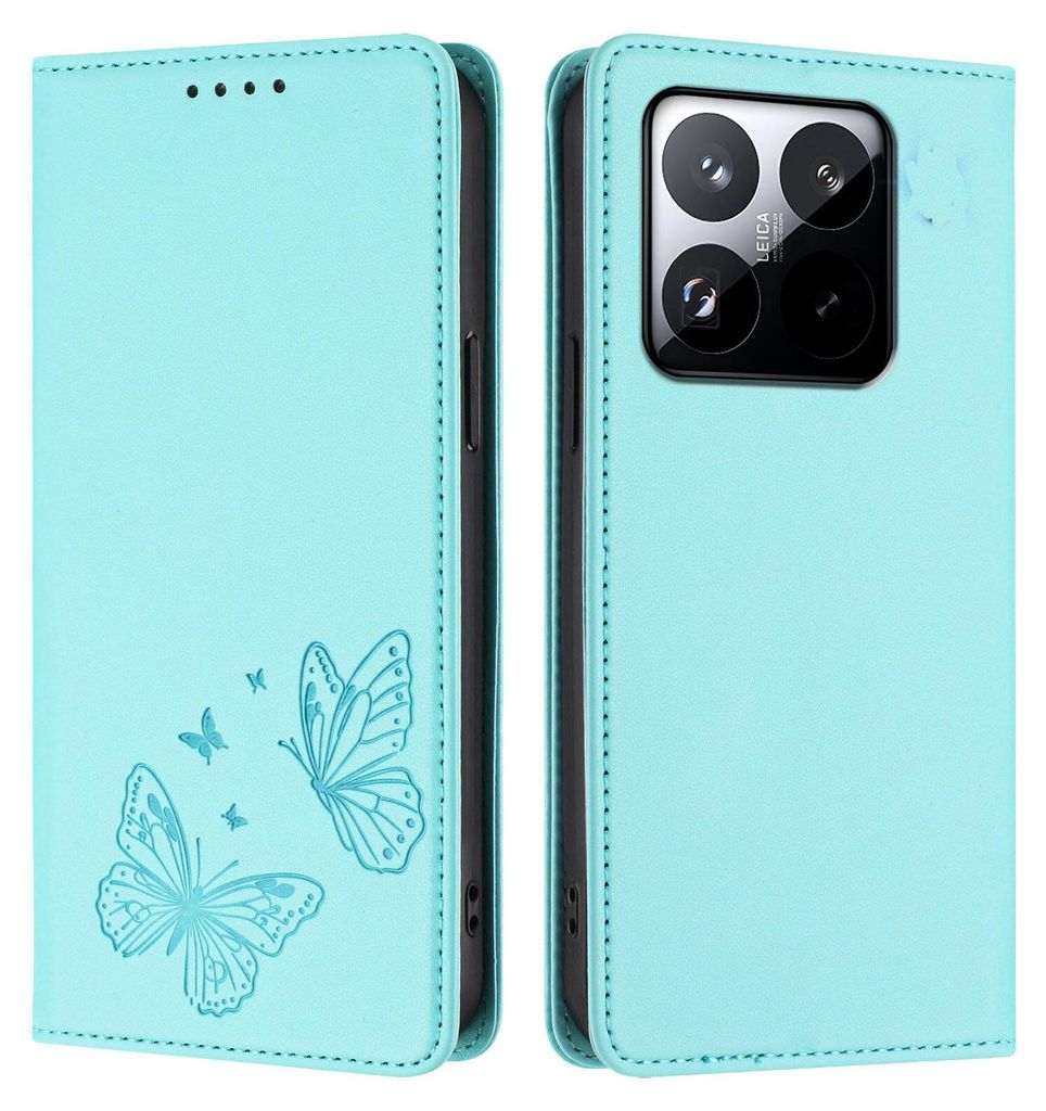 Lederhülle für Xiaomi 15T, Schmetterling Prägung Leder Brieftasche Schutzhülle mit Ständer Türkis