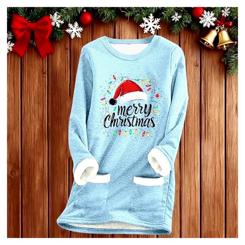 Fleece Weihnachtspullover für Damen, langer Fleecepullover mit Weihnachtsmotiv, Langarmshirt, lockeres Teddy-Sweatshirt mit Tasche, festliche Ober...