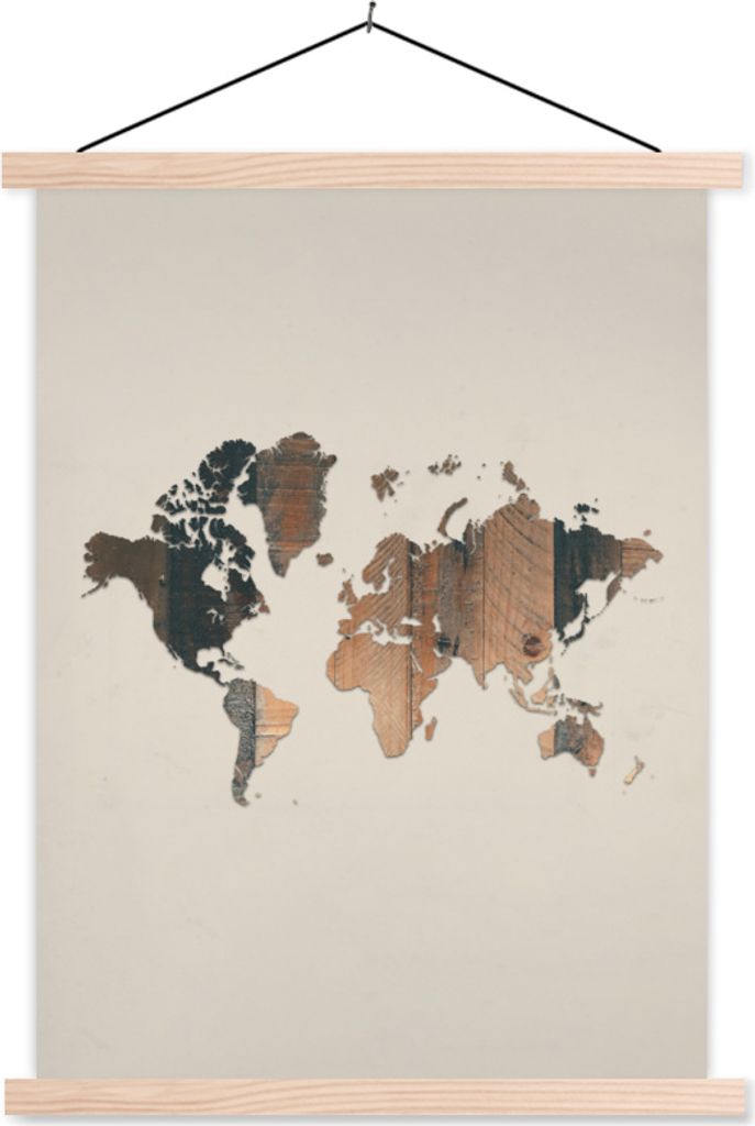 MuchoWow Textilposter Weltkarte - Holz - Braun 120x160 cm mit holzfarbenen Rahmen - Plakatkarton