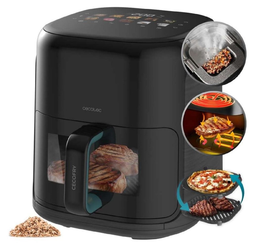 Cecotec Heißluftfritteuse ohne Öl – 4 L – Grillplatte – Grill – Doppelheizelement – integrierte Räucherfunktion – Air Fryer Cecofry&...
