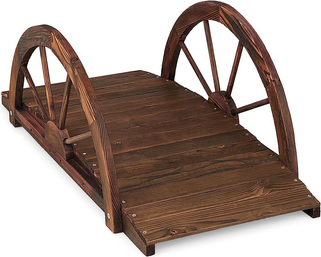 GOPLUS 101,5 cm Lange Gartenbrücke aus Holz, gebeizte Bogenbrücke aus Tannenholz mit radförmigem Sicherheitsgeländer, rustikale Außendekoratio...