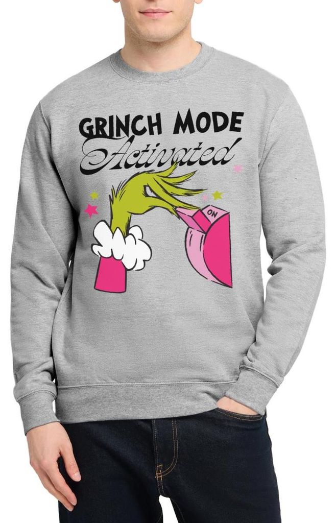 Spreadshirt Der Grinch Statement Grinch Mode Activated Uni Pullover, S, Weißgrau meliert