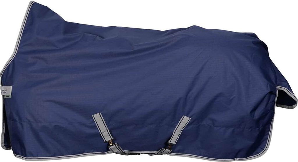 A navy blue horse blanket with silver trim and straps, laid out on a white background.