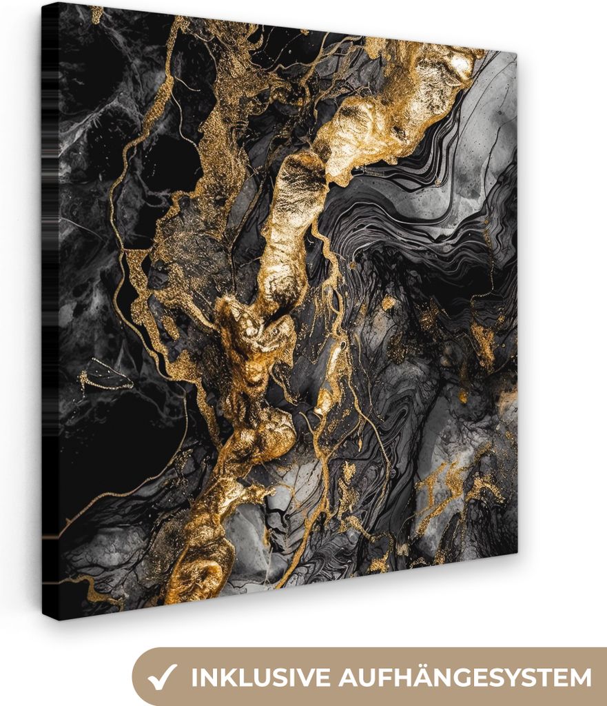 MuchoWow - Leinwandbilder - Marmor - Schwarz - Gold - Abstrakt, Wandbild, Wanddeko Bilder Wohnzimmer, 20x20 cm