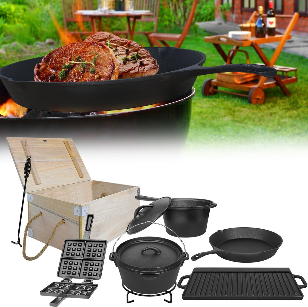 YUENFONG Dutch Oven Set in Holzkiste,Mit Dutch Oven, Zubehör inklusive, bereits eingebrannt, 12-teilig, für vielseitige Kochoptionen