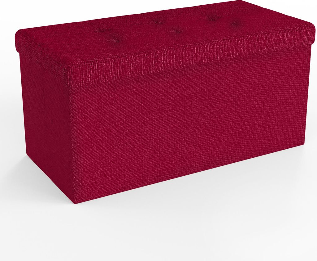 A red storage ottoman is shown against a white background.