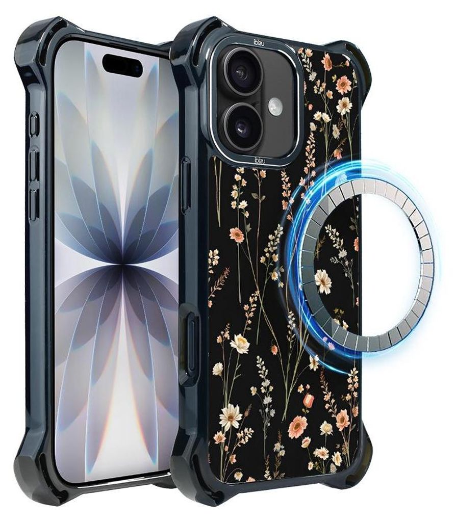 Schutzhülle für das iPhone 17, MagSafe-kompatibel, verstärkte Ecken, schwarz, kleine Blüten auf schwarzem Hintergrund