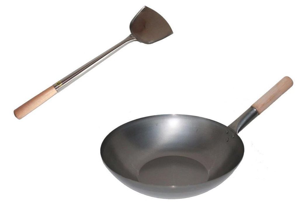 WOK SET, 30FB-S04, Wok Pfanne 30 cm Ø flacher Boden Kohlenstoffstahl + Spahtel Edelstahl Größe S - 43 cm lang mit Holzgriff