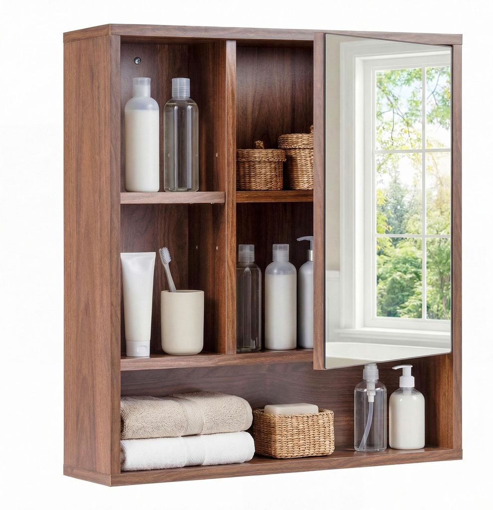 COSTWAY Spiegelschrank, Badschrank mit offenen Fächern, Produktbild 