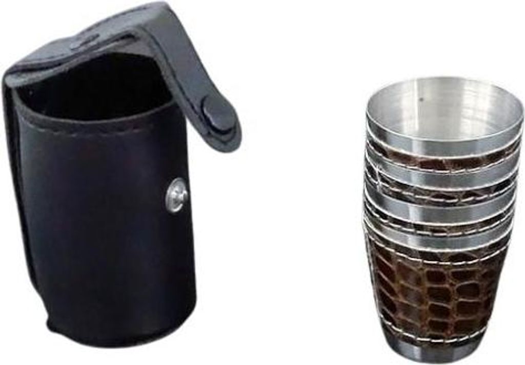4er Set kleine lederbezogene Metallgläser 30 ml im Etui Produktbild 