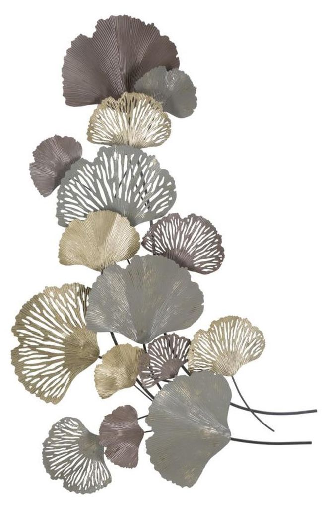 Dekoratives Wandpaneel Diply mit Ginkgo-Blättern aus grauem, goldenem und rosafarbenem Eisen 76x126 cm