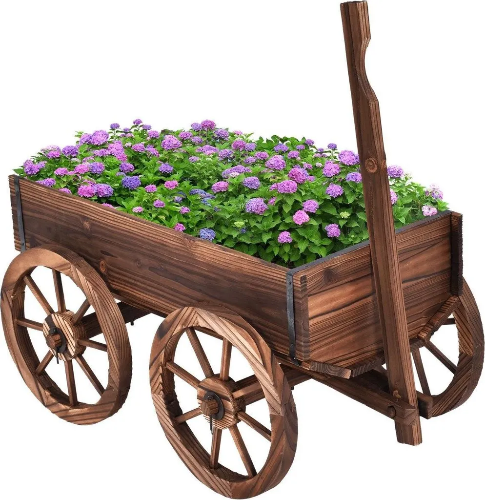 Chariot à plantes mobile en bois marron porte-fleurs déco de jardin