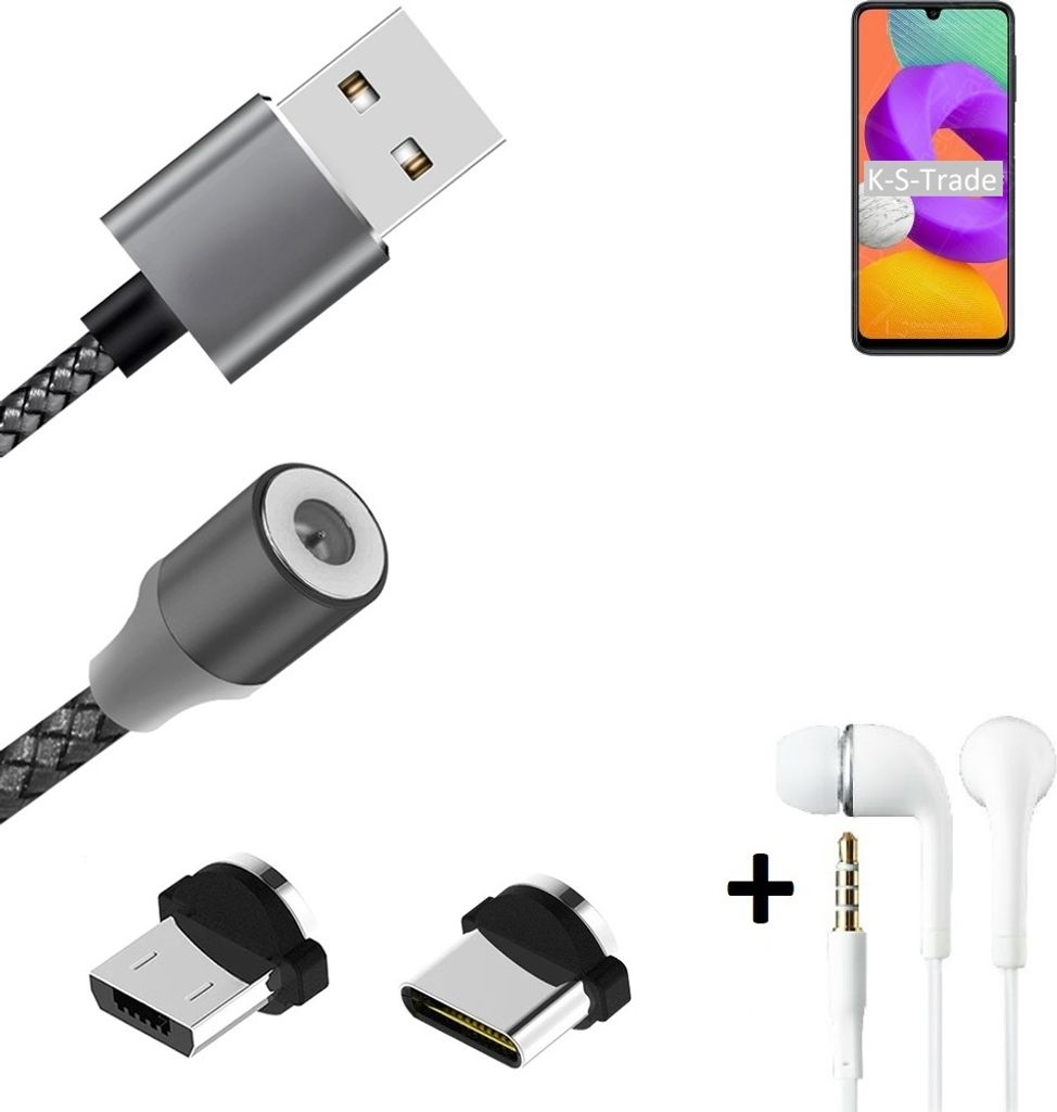 K-S-Trade Hochwertiges Magnet-Lade-kabel Sync-Kabel Daten-Kabel + Kopfhörer kompatibel mit Samsung Galaxy M22 mit USB-Typ-C-Anschluss und