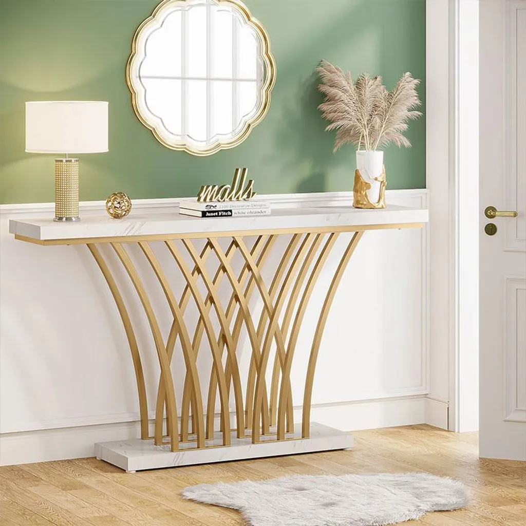 Table d'Appoint Longue 150 cm avec Structure Dorée et Plateau Blanc