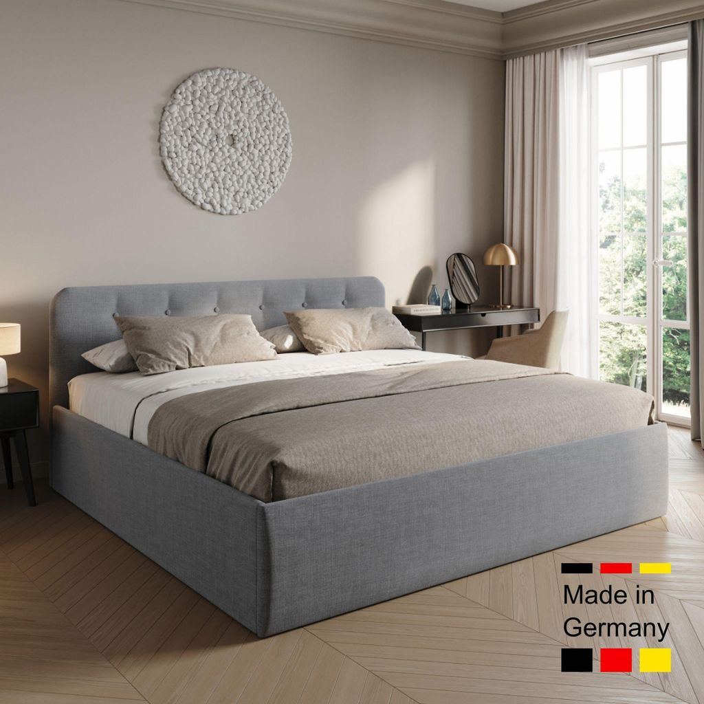 Home Collective Polsterbett 200x200 cm Doppelbett Bett mit verstellbarem Lattenrost & Bettkasten, gepolstertes Kopfteil, Germany | Grau