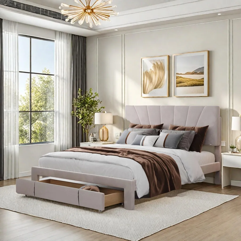 Lit 140x200 cm beige anti-encombrement avec tiroir de rangement discret