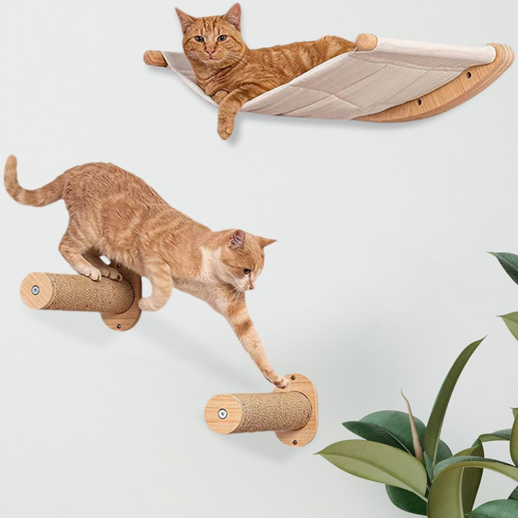 3 teilig Katzenhängematte Katzentreppe Wand 2 Sisal Balken Holzrahmen Katzen
