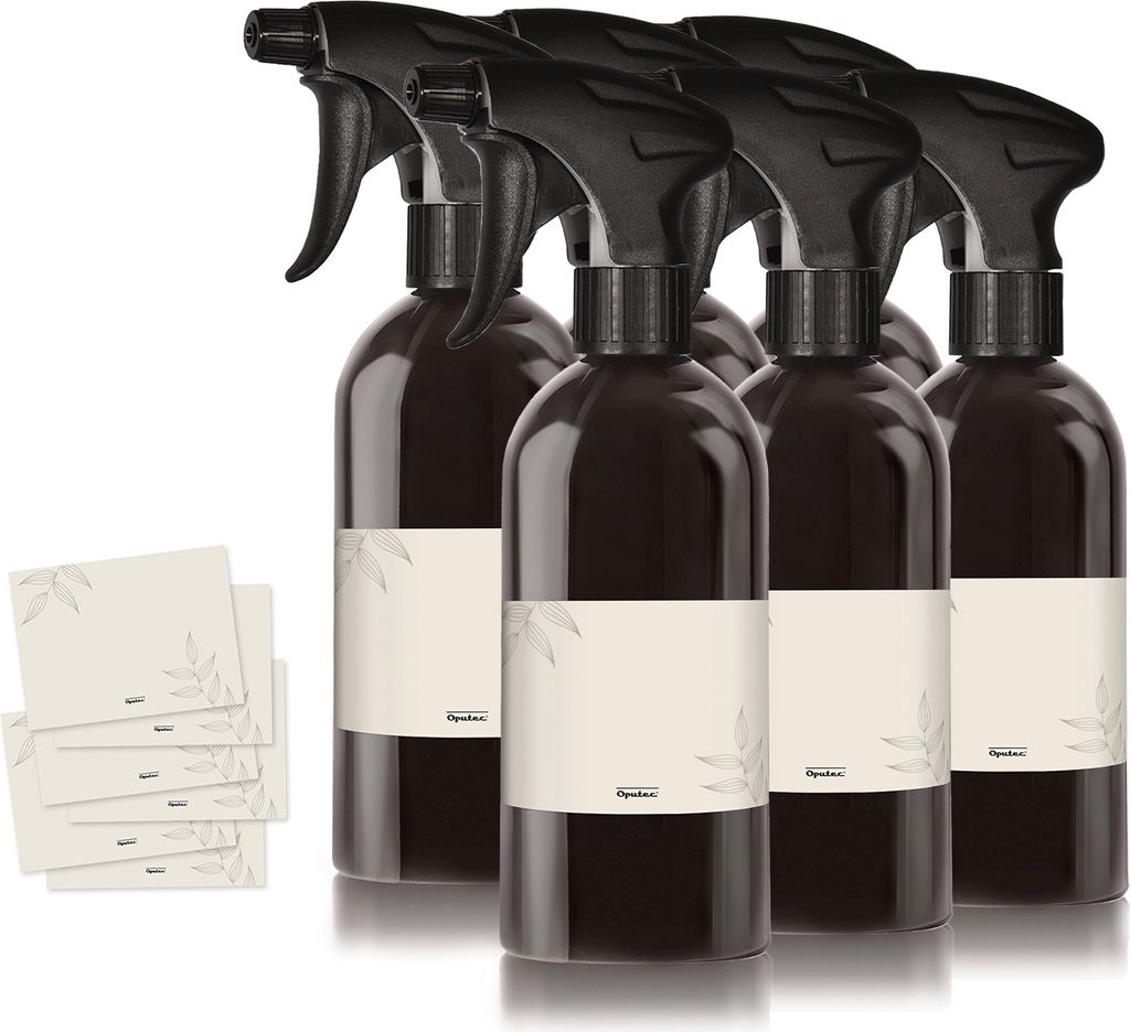 Oputec 6 x 500ml Sprühflaschen aus Kunststoff Schwarz zum Befüllen + Etiketten - Leere Wassersprühflasche für Pflanzen, Blumen, Reinigungsmittel