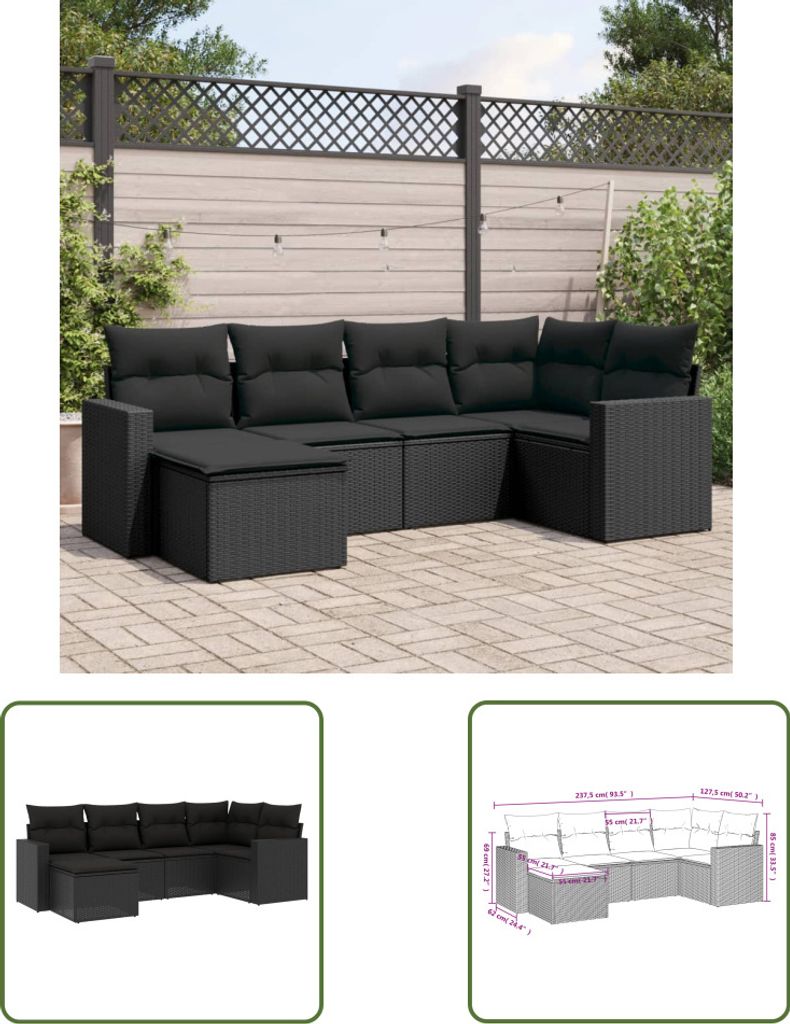 The Living Store 6-tlg. Garten-Sofagarnitur mit Kissen Schwarz Poly Rattan