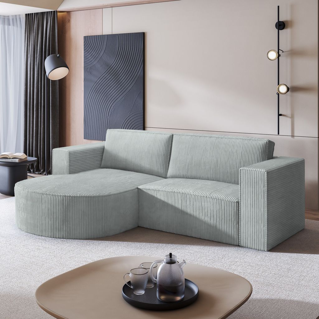 Masseno Ecksofa SORELA P L-S mit Schlaffunktion L-Form, Sofa mit Bettkasten, Wohnzimmersofa, Couch, Soffa, Bettsofa, Couchgarnitur- Hellgrau, POSO 55