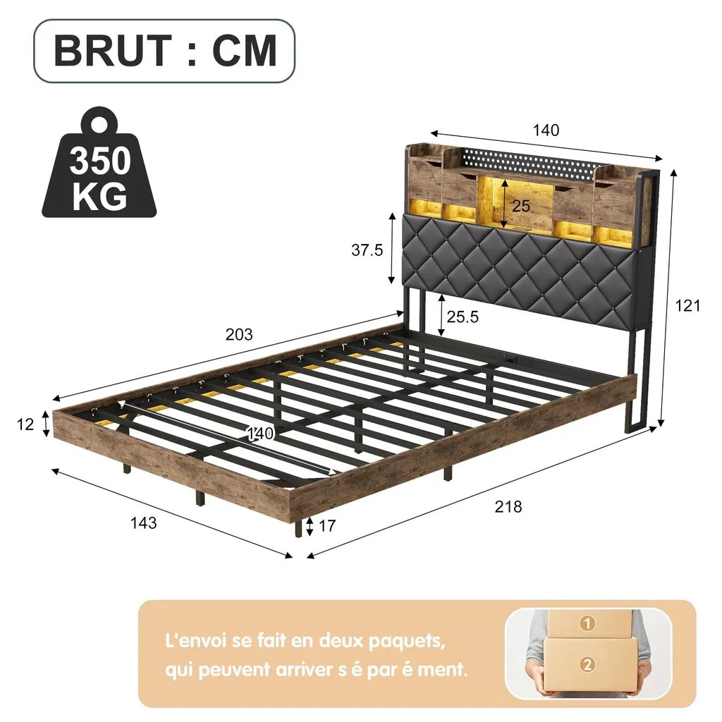 Lit en bois naturel double 140x200 cm - Structure robuste marron clair