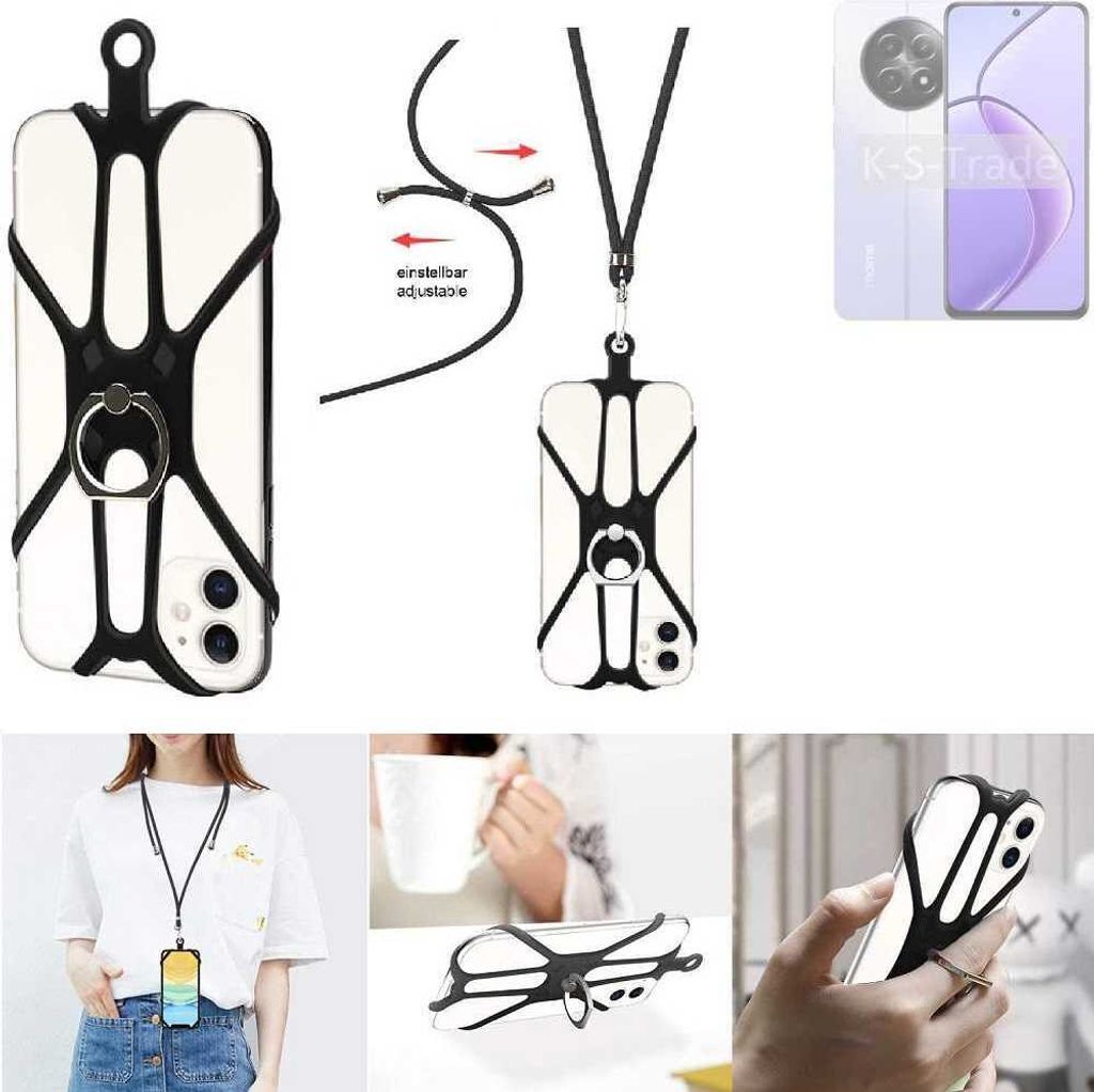 K-S-Trade 3in1 Handykette Handyband Handykordel Halsband Smartphone-Ring Handy-Ring kompatibel mit Realme 12x 5G India Fingerhalterung Handyring