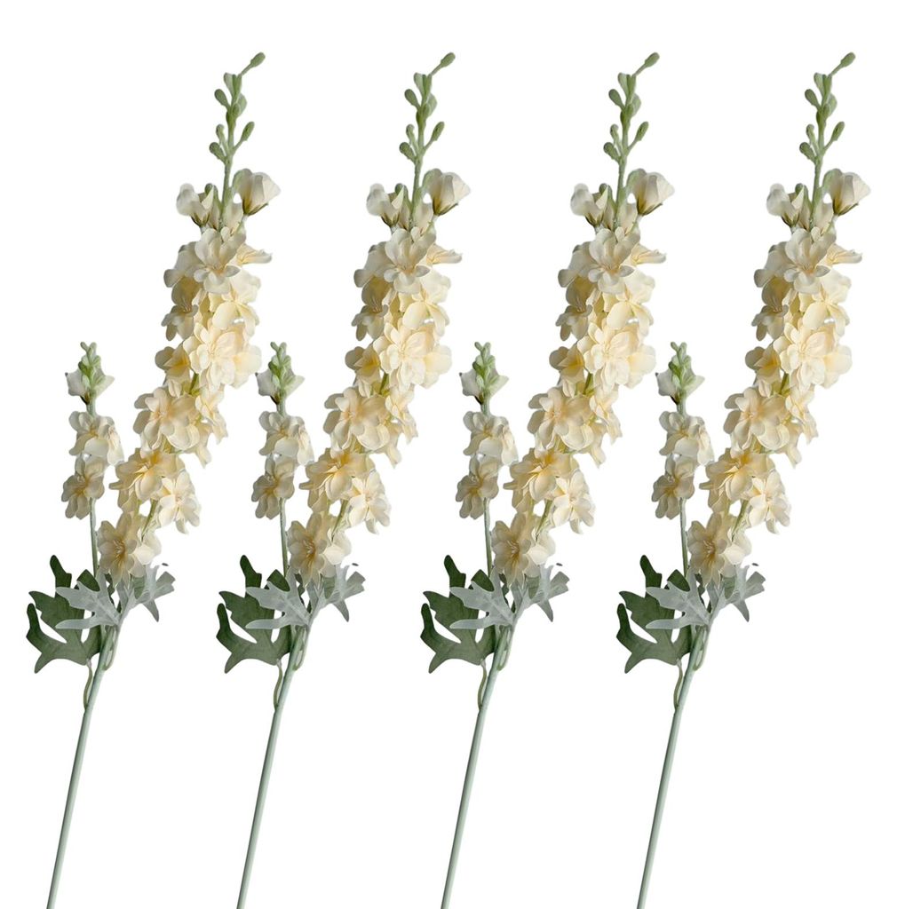 4 künstliche Ritterspornblüten (33,46 Zoll langer Stiel) für Vasenfüllung, künstliche Seidenblumen, ideal für Hochzeits- und Heimdekorationen.