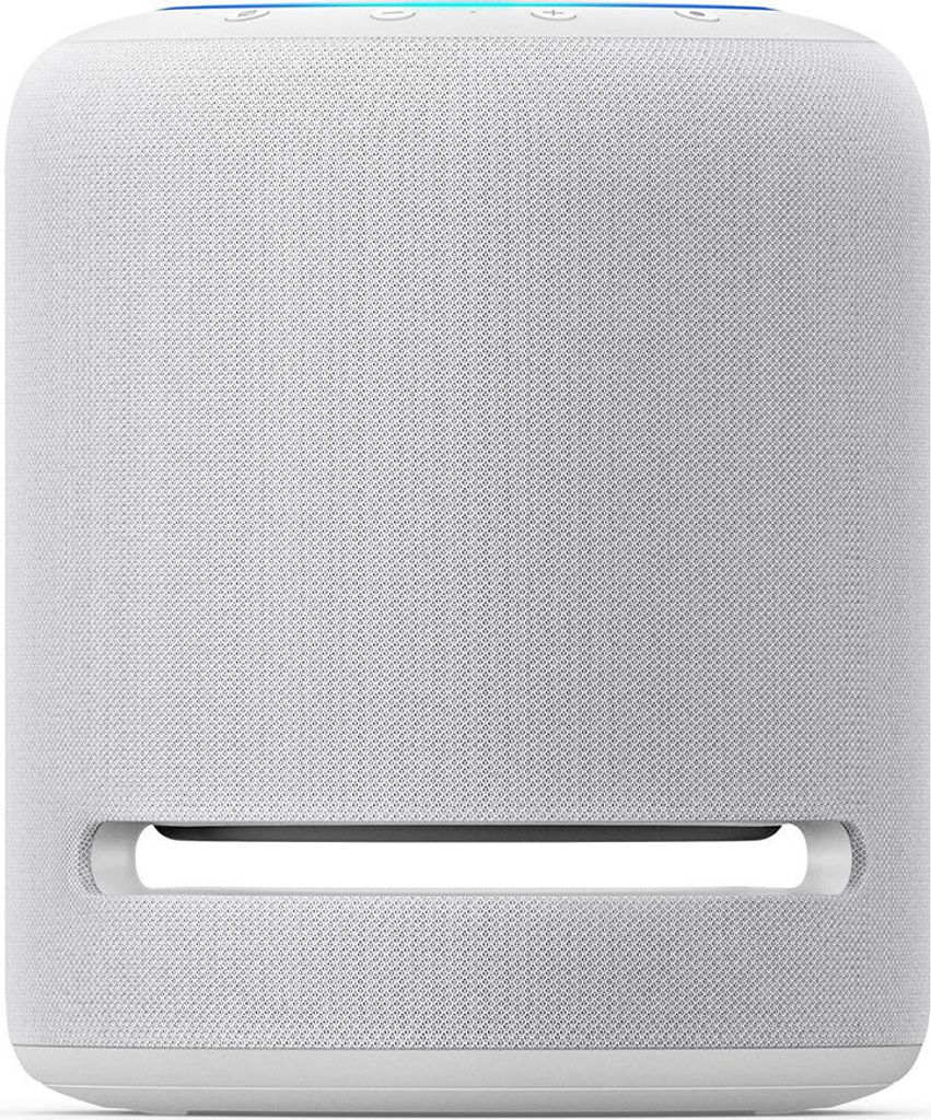 A white Amazon Echo Studio smart speaker is shown from the front.