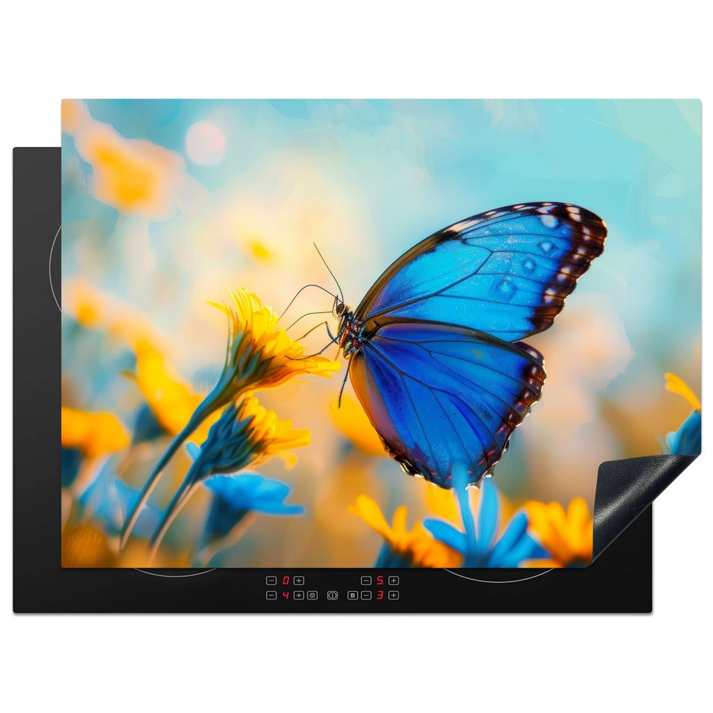 KitchenYeah Herdabdeckplatte Schmetterling - Blumen - Blau - Gelb - Natur , 70x52cm, Küche Deko, Glaskeramikkochfeld Herdabdeckung, Abdeckplatte...