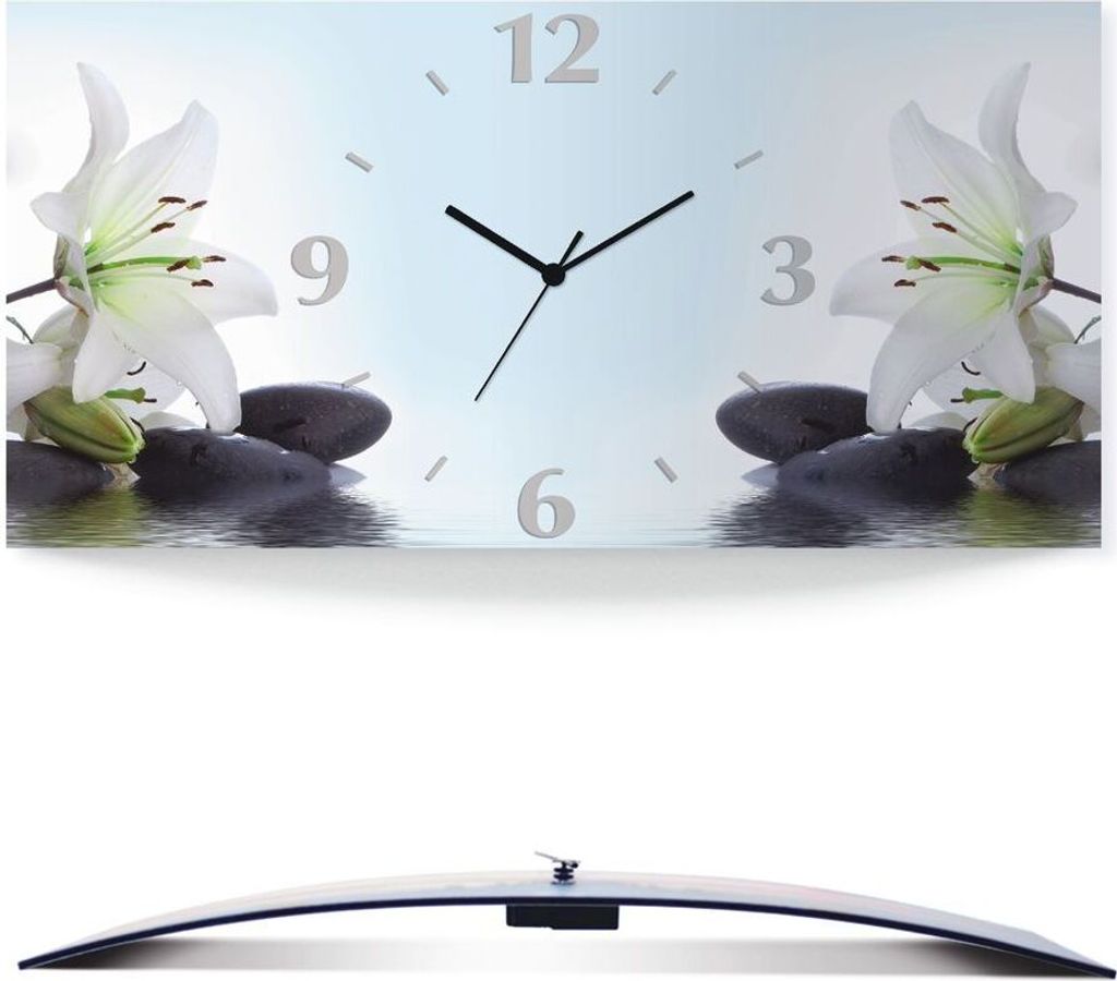 ARTland Wanduhr, gebogen Quarzuhr - schwarzer Zeiger Nadonna Lilien und Spa Steine im Wasser Größe: 50x25 cm