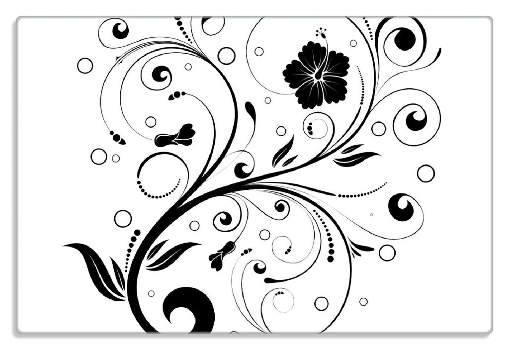 Wallario Frühstücksbrettchen aus Glas 20 x 30 cm mit rutschfesten Füßen, Motiv Schnörkelmuster in schwarz weiß mit Blumen und Kreisen