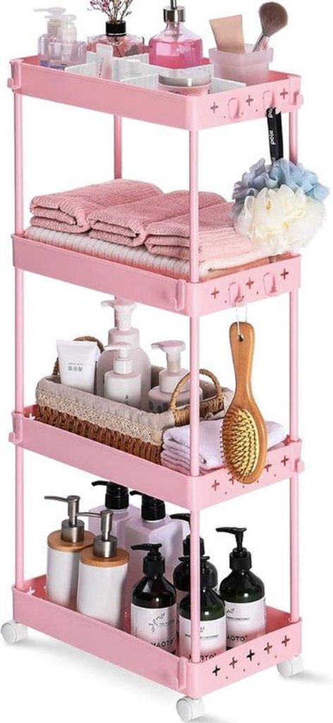 Keukentrolley mit 4 Ebenen - 22 cm Breite - Rollwagen für Küche oder Wohnzimmer - Rosa - 40 x 22 x 88 cm