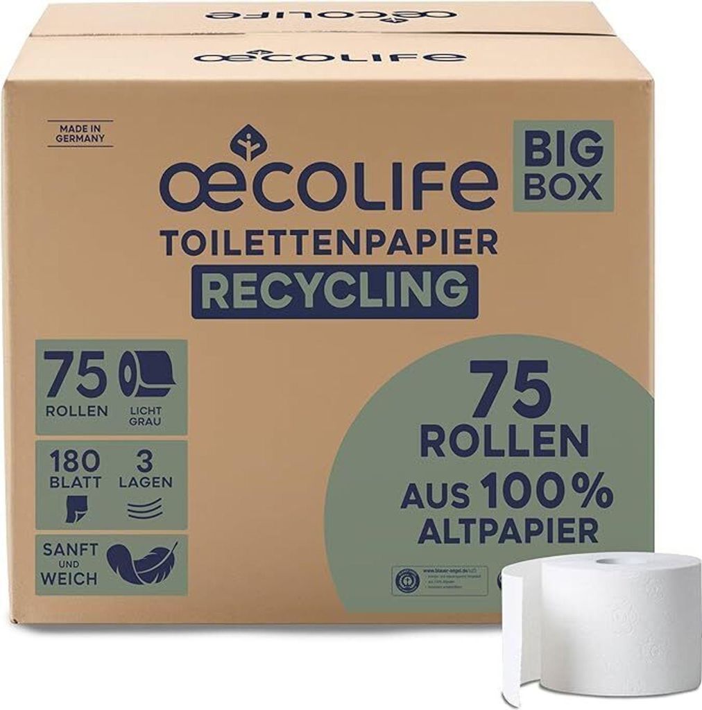 oecolife Toilettenpapier Box RECYCLING, 3-lagig, 75 Rollen Produktbild 